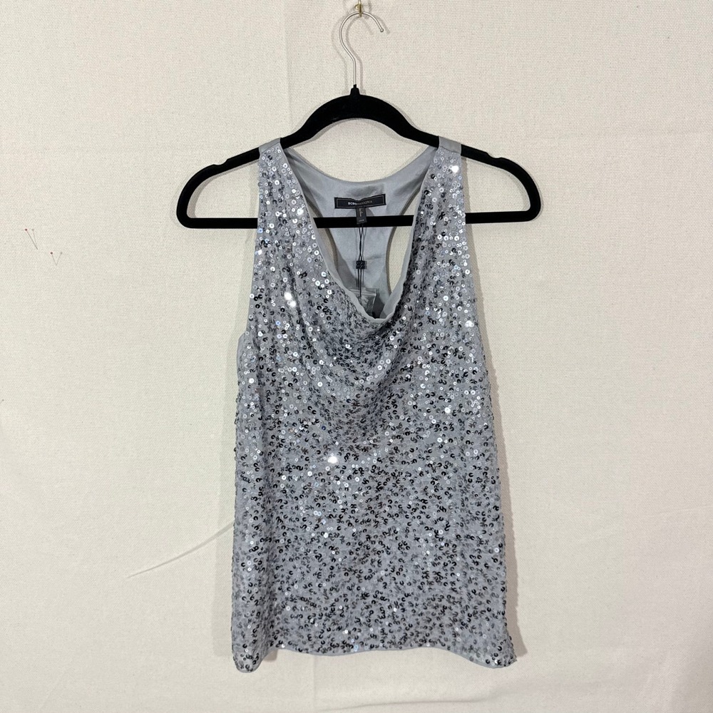 BCBGMAXAZRIA Silver Sequin Cowl Neck Racerback Tank Top Dove XXS NWT